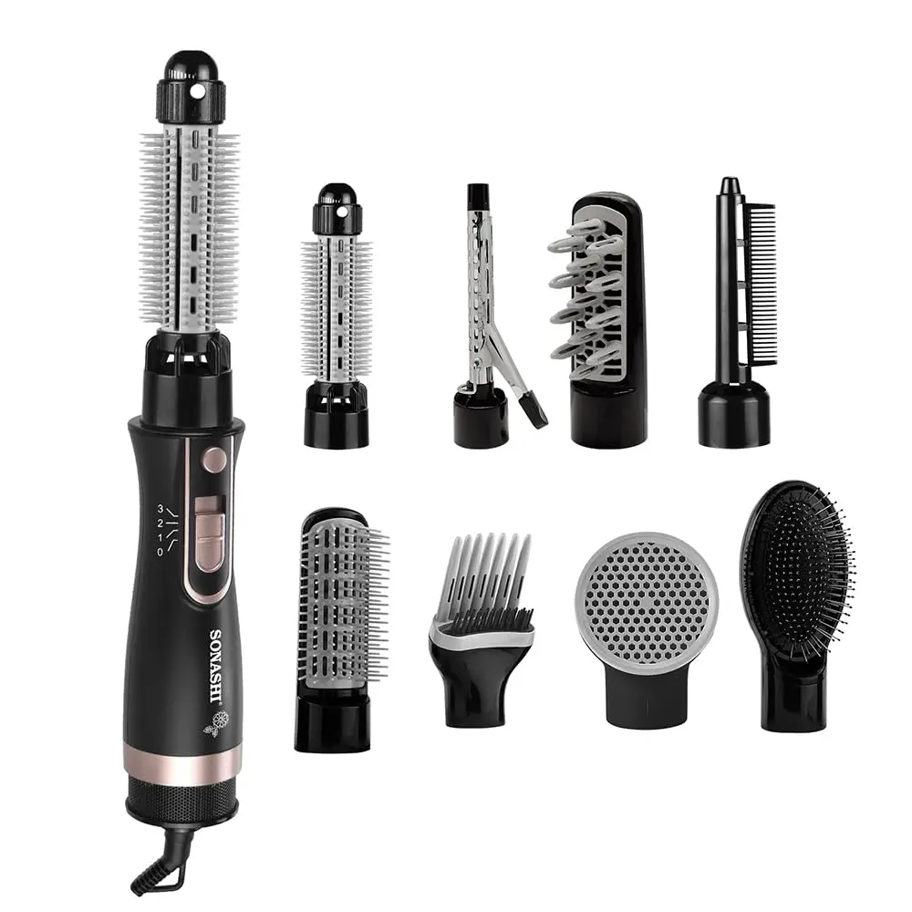 Sonashi 9in1 hair styler in black with multiple attachments, suitable for all hair types.