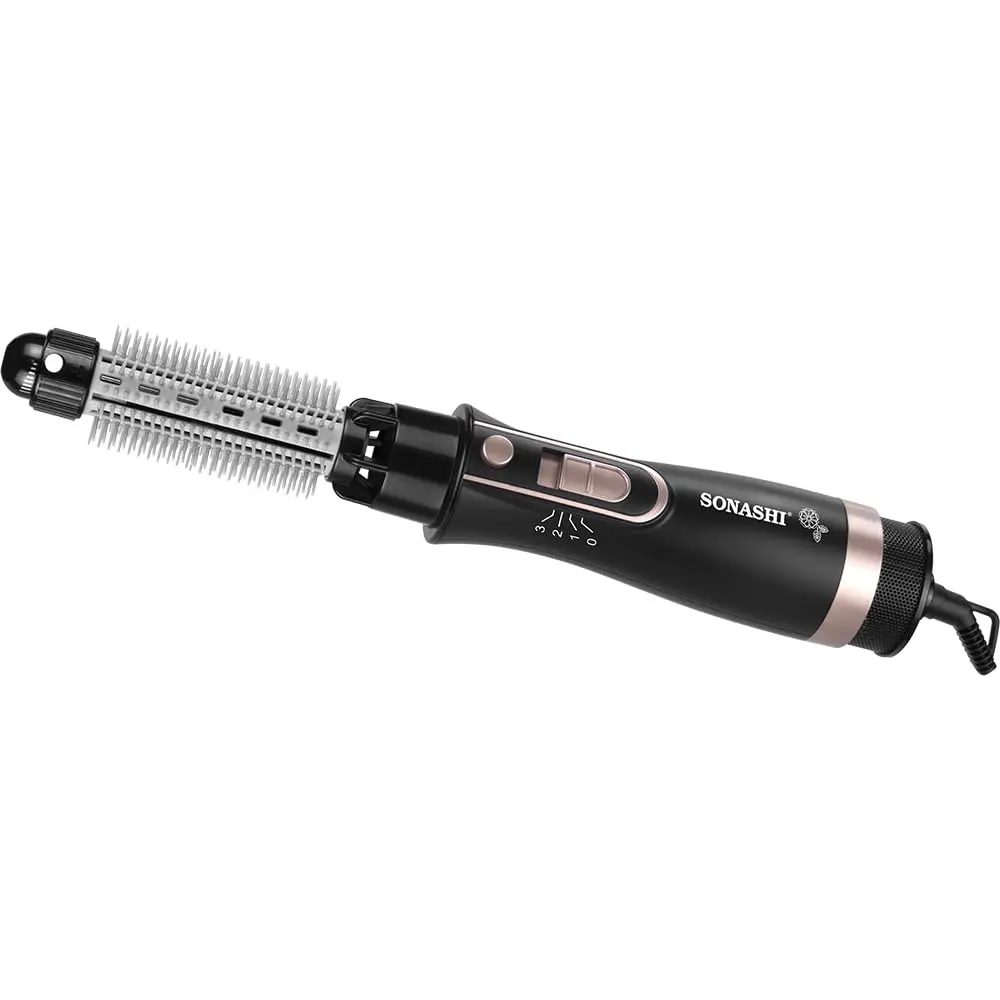 Sonashi 9in1 hair styler in black with multiple attachments, suitable for all hair types.