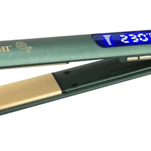 Green Sonashi hair straightener with ceramic coating plate and LED digital display showing adjustable temperature.
