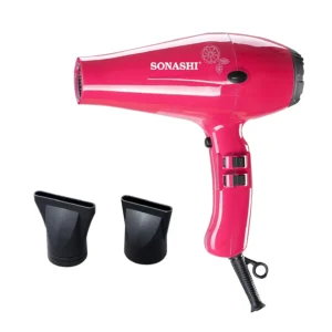 Pink Sonashi hair dryer with hot and cold settings and AC motor, designed for fast, gentle drying and a smooth finish, ideal for all hair types.