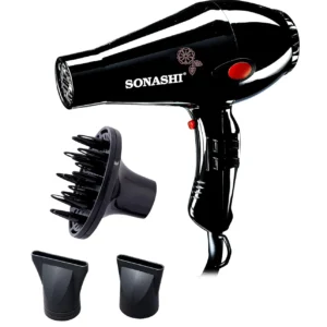 This black Sonashi hair dryer features hot and cold settings, a diffuser and nozzle for fast drying and smooth styling, suitable for all hair types.