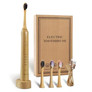 Sonic bamboo electric toothbrush with plant-based bristles and four brush heads for deep cleaning and whitening.