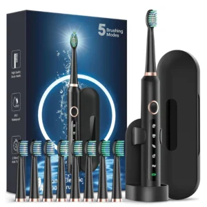 Rtauys sonic electric toothbrush for adults and kids with eight brush heads, travel case, and long-lasting 120-day battery for superior cleaning.