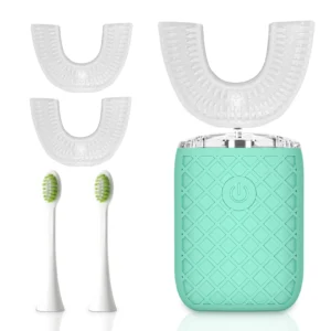 This sonic electric toothbrush features a 360° U-shaped brush head for complete oral cleaning and whitening, along with traditional brush heads for targeted stain removal.