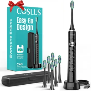 COSLUS sonic electric toothbrush with 47000 VPM for deep cleaning and whitening teeth, includes a travel case, five modes for sensitive teeth and braces, wireless charging, and six brush heads, perfect for family use.