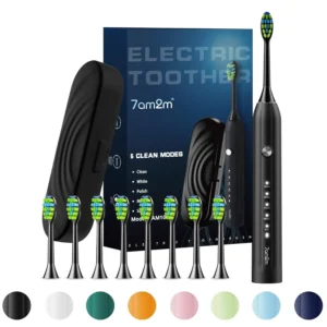 Black 7AM2M sonic electric toothbrush with Roman column handle design, included travel case and eight replacement brush heads, offering five brushing modes and a smart timer.