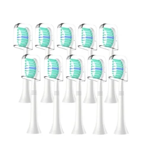 Ten replacement toothbrush heads compatible with Philips Sonicare snap-on handles featuring end-rounded nylon bristles for deep cleaning and gum health, with hygienic caps for storage.