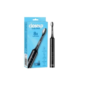 Black closeup sonic toothbrush with whitening, clean, and sensitive modes removes 8x more plaque and has a long lasting 60-day battery.