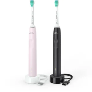 Philips Sonicare 3100 Series sonic electric toothbrush dual pack in black and sugar rose, featuring advanced sonic technology, pressure sensor, two brush handles, and two chargers.