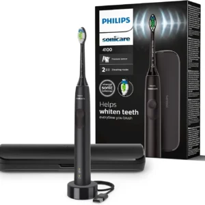 Black Philips Sonicare 4100 electric toothbrush with Optimal White brush head for whiter teeth and healthier gums, includes travel case and USB charger.