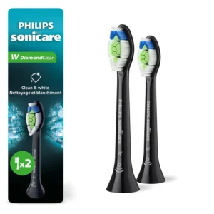 Two black Philips Sonicare DiamondClean replacement toothbrush heads designed for superior whitening and plaque removal, offering gentle and effective cleaning for healthier gums.