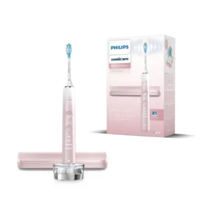 The Philips Sonicare DiamondClean 9000 pink electric toothbrush removes plaque, whitens teeth, and improves gum health, and includes a brush head, travel case and charger.