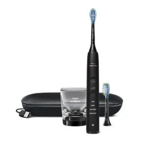 The black Philips Sonicare DiamondClean Smart toothbrush features smart brush head recognition, four modes, three intensities, and a built-in pressure sensor for optimal oral hygiene.