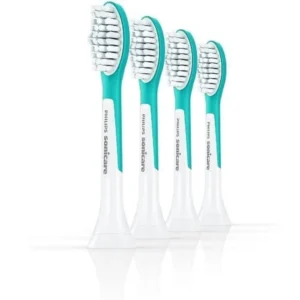 Four blue Philips Sonicare for Kids replacement toothbrush heads designed for children aged 7 and up, featuring optimal sonic movement and compatibility with all Philips Sonicare handles for kids.