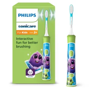 Green Philips Sonicare kids electric toothbrush with app connectivity, designed for ages 3 and up, for a fun and effective brushing experience.