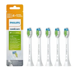 Five Philips Sonicare W2 Optimal White replacement toothbrush heads designed to click onto any compatible Sonicare toothbrush, featuring densely-packed diamond-shaped bristles and a stain-removal pad for whiter teeth in one week.