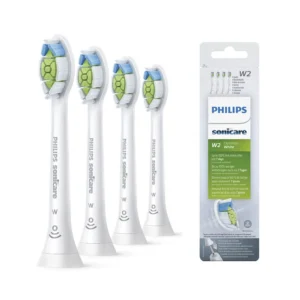 A pack of four Philips Sonicare Optimal White replacement brush heads designed for advanced teeth cleaning and whitening, featuring diamond-shaped bristles for plaque removal.
