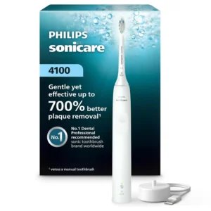 The Philips Sonicare 4100 electric toothbrush in white provides advanced plaque removal and gentle gum care with its pressure sensor and rechargeable handle.