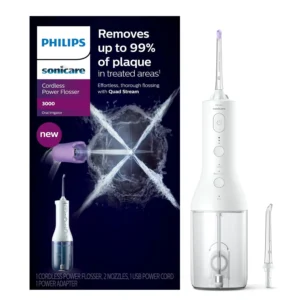 This Philips Sonicare Power Flosser 3000 in white provides up to 150% more effective cleaning than floss with its unique Quad Stream technology and cordless design, offering healthier gums and a discreet, thorough clean.
