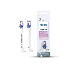 Two Philips Sonicare S2 sensitive replacement brush heads with ultra soft bristles for gentle yet effective cleaning of sensitive teeth and gums.