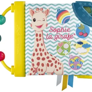Sophie la girafe early learning book with a natural teether, abacus, crinkle paper, squeaker and bright colors to stimulate a baby's senses.