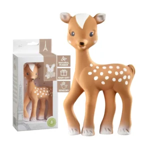 Brown Sophie la girafe Fanfan the Fawn teether made of 100 percent natural rubber, featuring a whistle and designed for baby's hands.