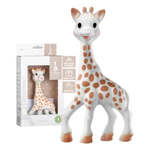This is an image of the Sophie la girafe baby teething toy, made from 100% natural rubber, presented in the Fresh Touch Gift Box.