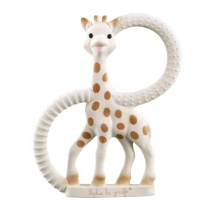 Sophie la Girafe teether toy with two textured natural rubber rings to soothe baby's gums.