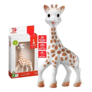 Handcrafted in France, this Sophie la Girafe teething toy is made of natural rubber and features contrasting spots, a whistle, and multiple parts for baby to chew.