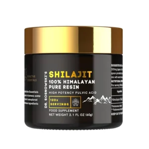 A jar of Dr. Sosnowski's Shilajit Resin, sourced from the Himalayas and containing a potent 50% Fulvic Acid concentration for enhanced nutrient absorption and overall wellbeing.