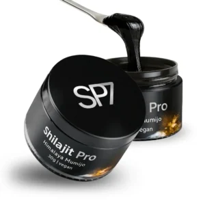 SP7 Premium Shilajit is a high-dose, vegan and pure supplement with 85+ minerals and 60% fulvic acid for daily energy and vitality, dissolved in water, tea, or coffee.
