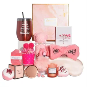 This 14-piece Remy Belle spa gift basket is a unique birthday idea for women, featuring self-care items like a tumbler, candle, soap, bath bomb, eye mask, and more in a reusable gift box.