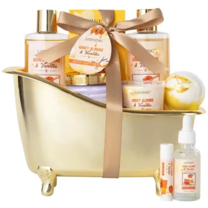 This luxurious honey almond spa gift basket for women and men is beautifully arranged with bath and body essentials for a relaxing at-home spa experience.