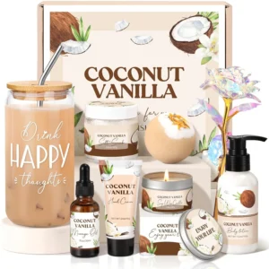 This coconut spa gift basket for women includes a glass cup, lotion, candle, and bath bomb, perfect for relaxation and self-care.