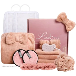 This 14-piece spa gift set for women includes a coral fleece towel wrap, hair towel, loofah, back scrubber, and makeup remover pads, perfect for a luxurious at-home spa experience.
