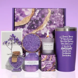 This relaxing lavender spa gift set for women includes a scented candle, bath ball, handmade soap, bath salt, and a car cup, all beautifully packaged in a purple gift box.