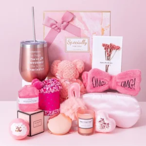 This spa gift set for women includes a rose gold cup, bath bomb, candle, soap, and other relaxing items, making it a perfect birthday or self-care gift.