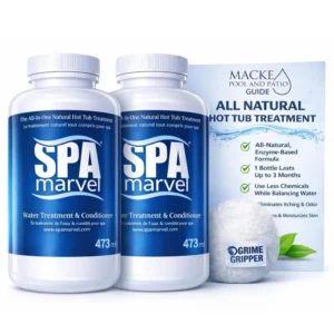 Two bottles of Spa Marvel hot tub treatment and a Grime Gripper sponge provide a six-month supply of natural spa chemicals for softer water and reduced sanitizer use.