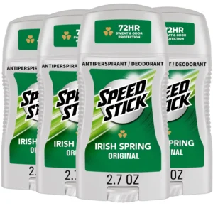 This is a four-pack of Speed Stick Irish Spring antiperspirant deodorant providing 24 hour odor and wetness protection to keep you dry all day.