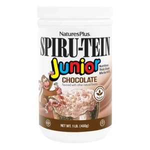 Nature's Plus Spiru-Tein Junior chocolate shake provides balanced plant-based protein, essential vitamins and minerals for children's daily nutrition.