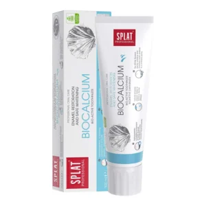 SPLAT Biocalcium toothpaste helps remineralize enamel and reduce sensitivity with Hydroxyapatite and Calcium Lactate, offering effective cleaning with natural papaya enzyme.