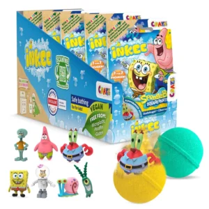 Five Spongebob Squarepants bath bombs for kids, in yellow and turquoise, with a bubble gum scent and a surprise collectible figurine inside.