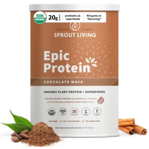This is a two-pound bag of Sprout Living Epic Protein Chocolate Maca organic plant protein and superfood powder.