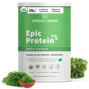 Sprout Living Epic Protein Green Kingdom is a vegan protein powder with a creamy texture and rich flavor, providing 19 grams of plant-based protein per serving from yellow pea, pumpkin seed, sunflower seed, sacha inchi, and cranberry seed.