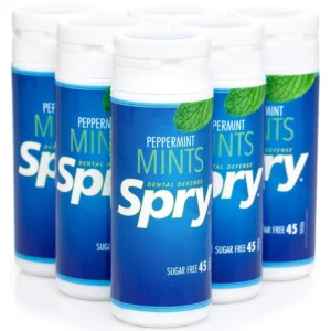 A six pack of Spry Power Peppermints sugar candy mints.