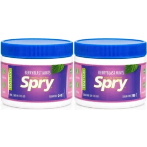 Two packs of Spry Xylitol Berry Blast Mints sugar-free hard candy, a dentist-recommended, low-calorie, and non-GMO treat that promotes oral health, increases saliva production, and helps stop bad breath with natural berry flavor.