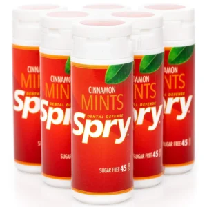 This is a six pack of Spry Xylitol Mints, naturally flavored with cinnamon, each containing 45 mints of sugar-free candy.
