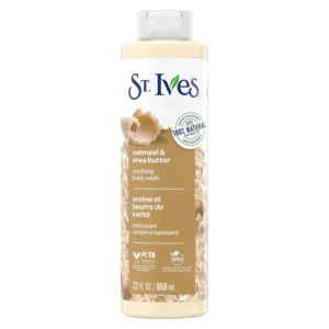 Bottle of St Ives Oatmeal and Shea Butter body wash for soothing and cleansing dry, sensitive skin.