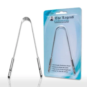 A stainless steel U-shaped tongue scraper effectively removes bacteria and food debris for fresher breath and improved oral hygiene.