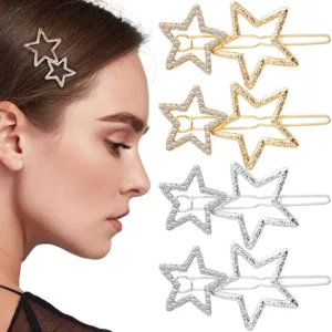 This set includes golden hollow star hair clips and silver rhinestone star barrettes, perfect fashion headpieces for women and girls with long, short, straight, or curly hair for weddings, parties, and everyday wear.